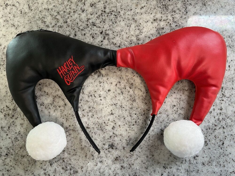 Harley Quinn Jester Hat Headband Red Black White Pom Poms DC Comics Costume